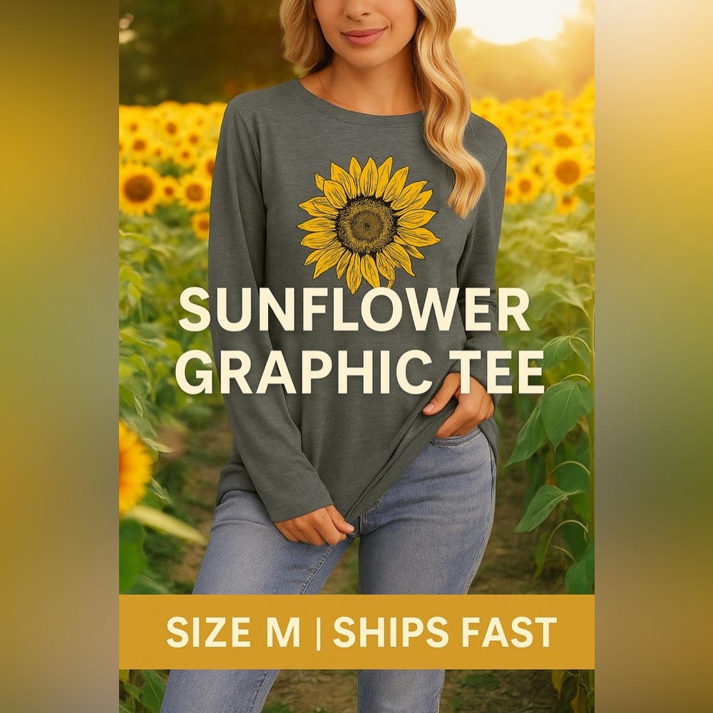 Sunflower Graphic Tee Long Sleeve Gray Crew Neck Shirt | Fall Boho Top | M